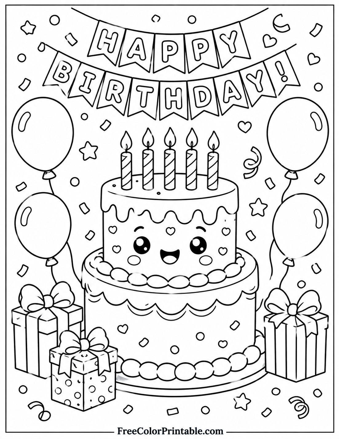 Kawaii birthday cake celebration coloring page Coloring Page — Free Printable — free printable coloring page